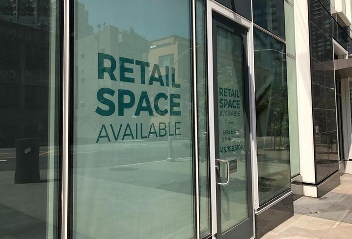 Building for rent with sign in the door saying "Retail Space Available"