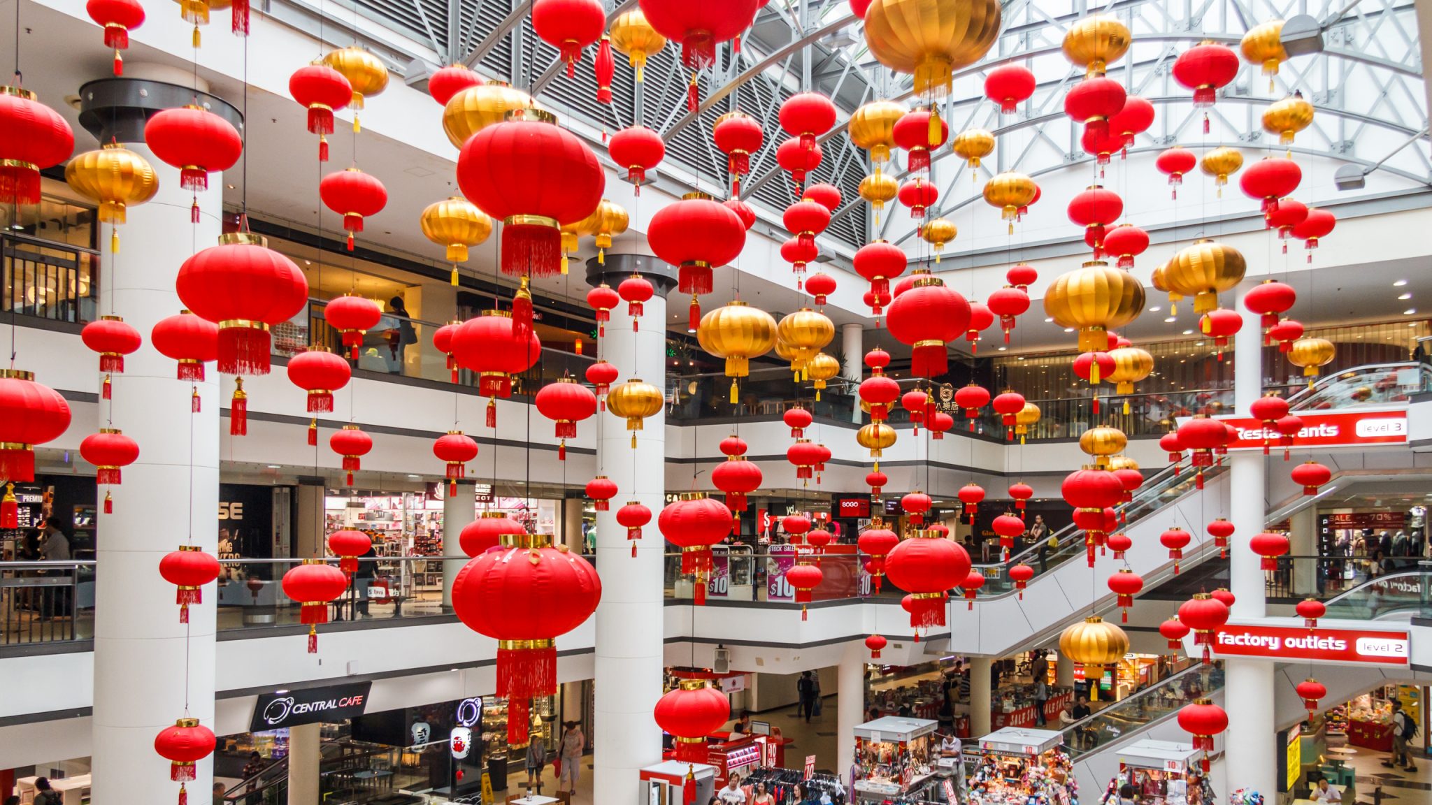 Sydney, Australia - March 15th 2013: Chinese lanterns inside the Market City shopping complex in Chinatown. The centre is located in Haymarket. Lunar New Year